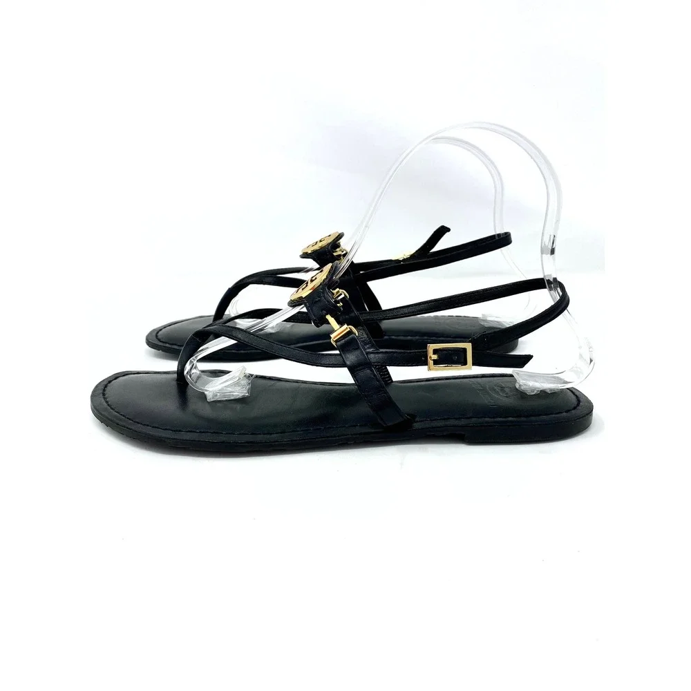 Tory Burch Black Leather Logo Medallion Thong Slingback Sandals Flat Size 9